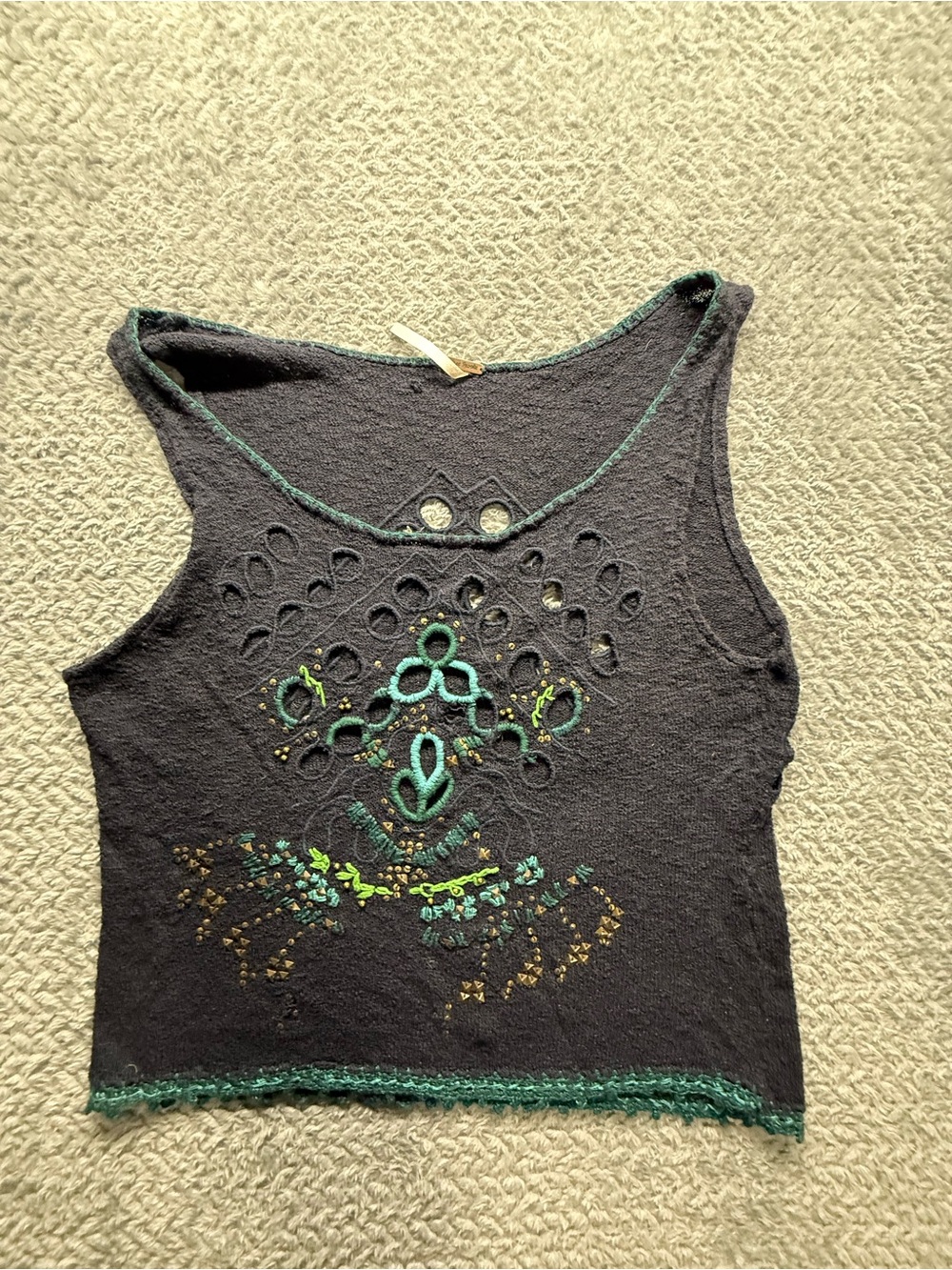 Free People Black Tank Top with Green Embroidery